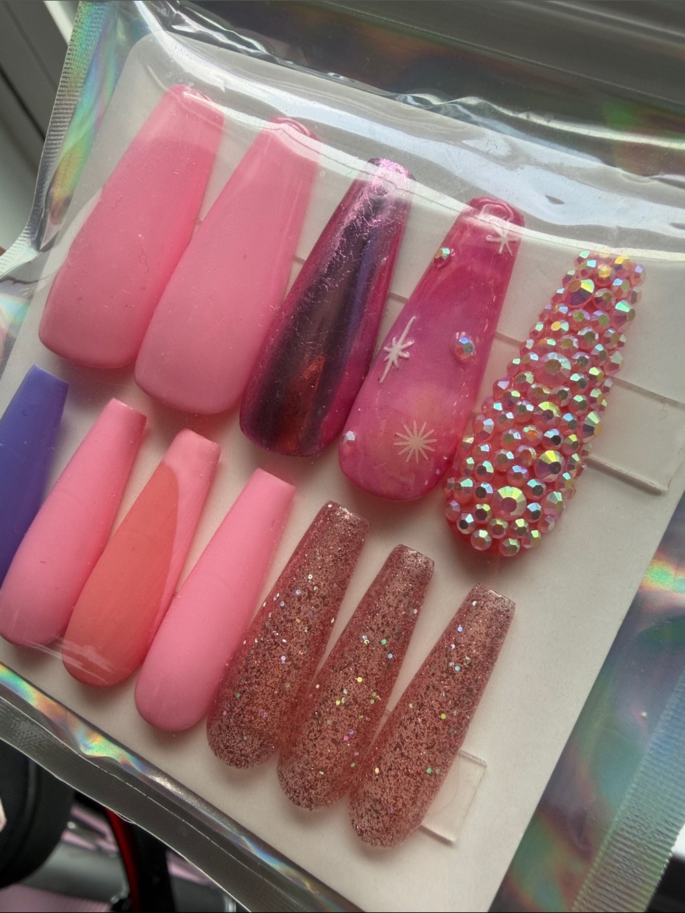 super fly pink coffin long foiled bling nails press on new - Picture 3 of 3